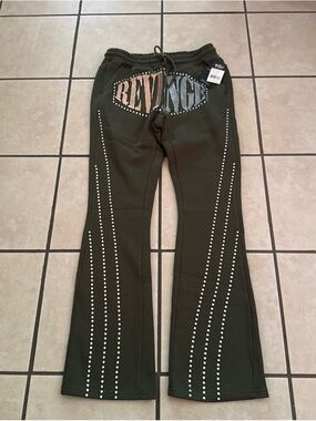 Olive Green Women's Studded Flared Sweatpants